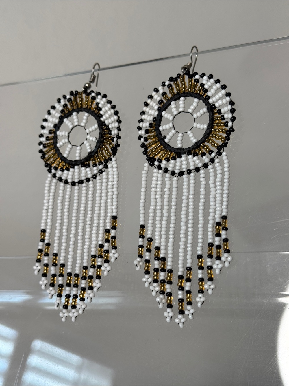 Handcrafted White Gold Black Beaded Fringe Earrings Long